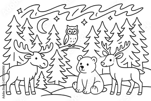 Enchanted Wildlife Gathering. Enchanted taiga scene with moose, bear, owl, and reindeer together under northern lights, black and