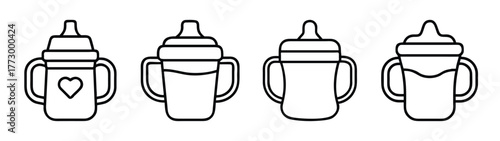 Baby bottle outline illustration set for feeding newborn infant with handles and different shapes