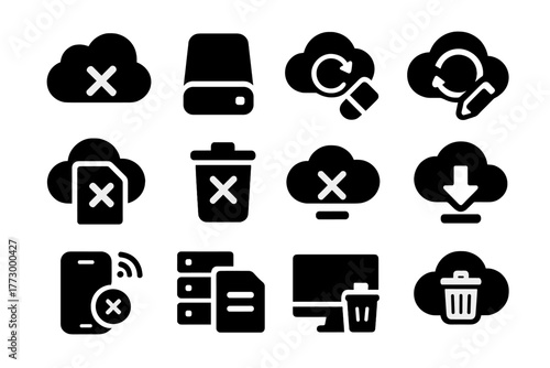 Digital Cloud Deletion Icons. Solid style icons of digital and cloud deletion: cloud delete icon, remove from drive, delete backup