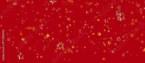 Beautiful festive background featuring a rich red backdrop adorned with sparkling golden stars and snowflakes. Perfect for Christmas, New Year,