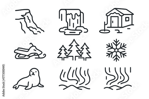 Winter Fjord Icons. Line style icons of Winter Fjord: Snowy Cliff, Frozen Waterfall, Ice Fishing Hut, Snowmobile, Pine Trees,