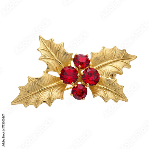 Gold holly leaves brooch with red gems holiday decoration