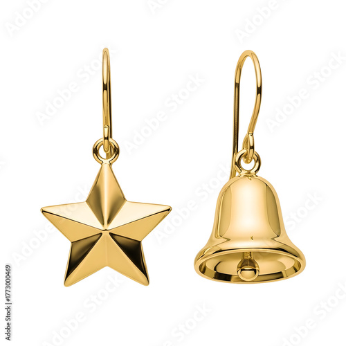 Festive golden star and bell christmas earrings
