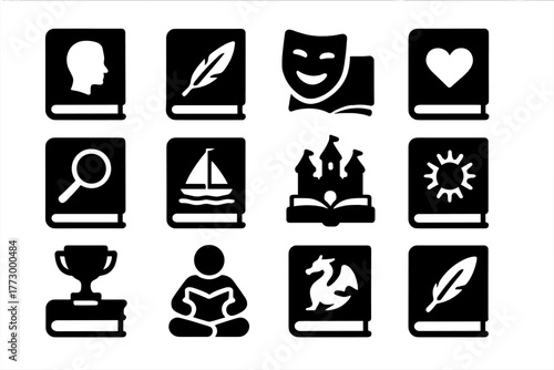 Literature Icon Set. Solid style icons of Literature: classic novel, poetry book, theater mask with book, romantic novel, mystery