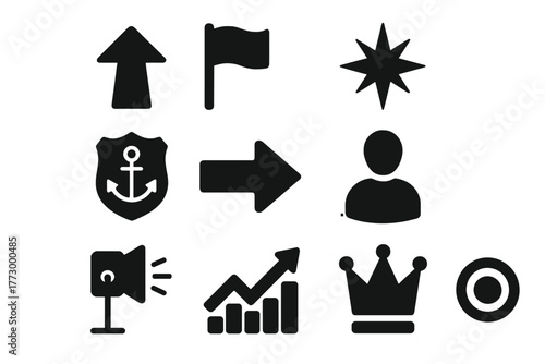 Leadership Icon Set. Solid style icons of Leading symbols: upward arrow, leader flag, guiding star, captain badge, direction arrow