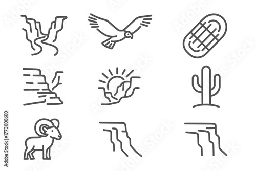 Canyon Icons Collection. Line style icons of Canyon: River, Condor, Raft, Layer of Rock, Sunbeam, Cactus, Bighorn Sheep, Cliff