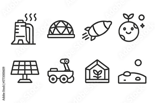 Terraforming Line Icons. Line style icons of Terraforming: Atmosphere Processor, Dome, Seed Ship, New World, Solar Panel, Rover,