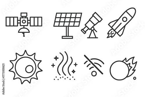Space Technology Icons. Line style icons of Space Technology: Satellite, Solar Panel, Telescope, Spacecraft, Sunspot, Auroras,