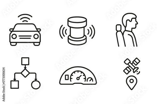 Autonomous Vehicle Icons. Line style icons of Autonomous Vehicle: Self-Driving Car, Lidar, Sensor Suite, Passenger, Algorithm,
