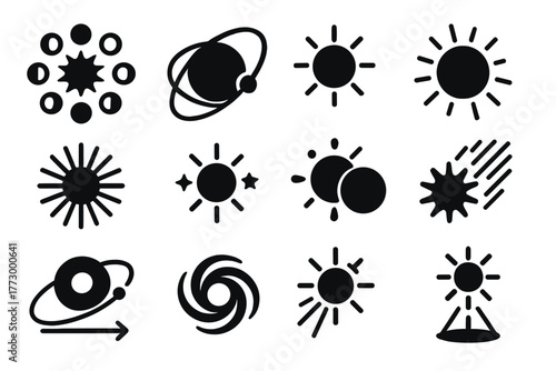 Celestial Solar Icons. Solid style icons of celestial and solar elements: sun with moon phases, orbiting sun, sun in space icon,
