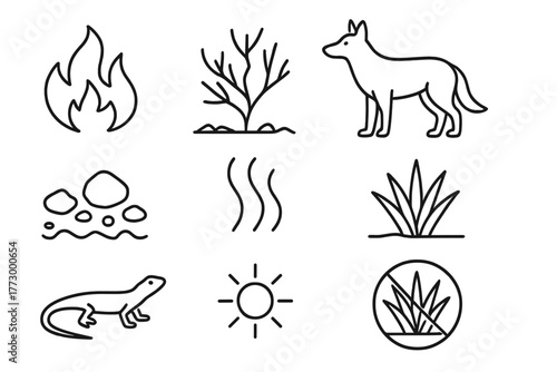 Chaparral Line Icons. Line style icons of Fire-Prone Chaparral: Flames, Charred Bush, Coyote, Rocky Soil, Smoke, Drought-Resistant