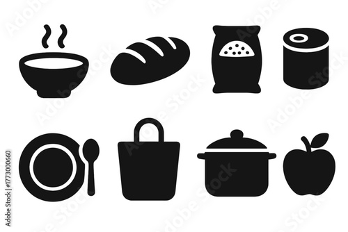 Food Distribution Icons. Solid style icons of food distribution: soup bowl, bread loaf, rice sack, canned food, plate with spoon,