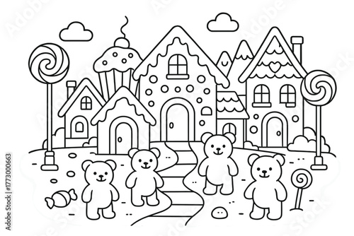 Candy Wonderland. Playful candy city with gingerbread houses, lollipop lampposts, and gummy bear citizens, black and white line