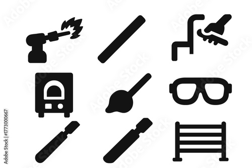 Glassworking Tools Icons. Solid style icons of Glassworking: blowtorch, glass rod, bending tool, annealing oven, safety goggles,