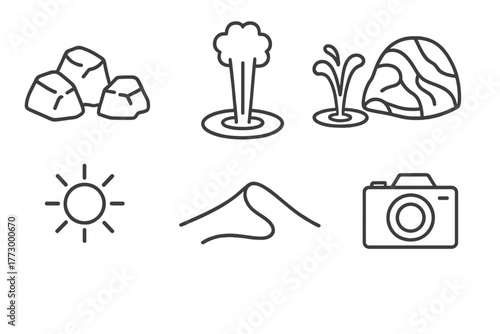 Desert Geyser Icons. Line style icons of Desert Geyser: Arid Rocks, Steam Column, Hot Water, Mineral Veins, Sun, Sand Dune, Ranger