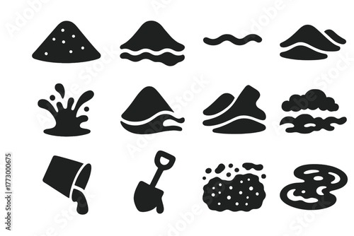 Sand and Water Icons. Solid style icons of Sand and Water: sand pile, wet sand, dry sand, ripple wave, splash water, tide coming