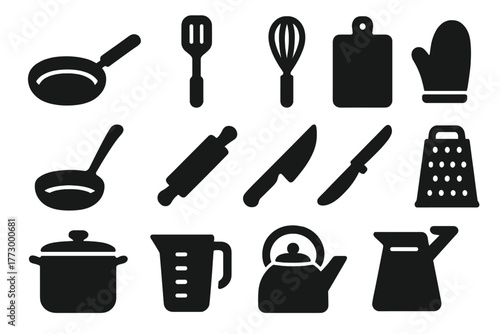 Solid Kitchen Icons. Solid style icons of Kitchen tools: frying pan, spatula, whisk, cutting board, ladle, rolling pin, kitchen