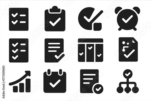Task Icons Collection. Solid style icons of Task management: to-do list checked, clipboard with tick, project completed, reminder