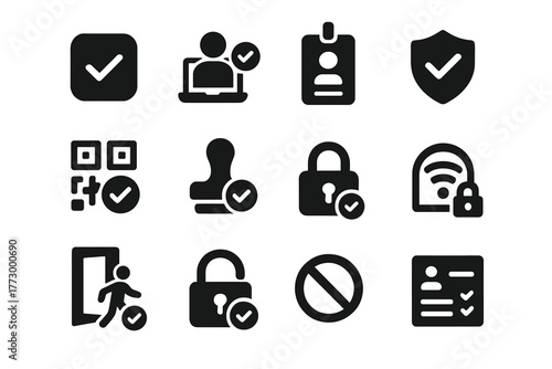 Success Icons Collection. Solid style icons of success and clearance: task complete icon, verified login, gate pass icon, scanned