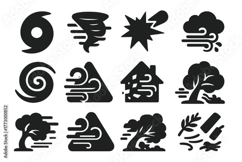Severe Wind Icons. Solid style icons of storms and violent gusts: hurricane wind icon, tornado with motion lines, explosive gust