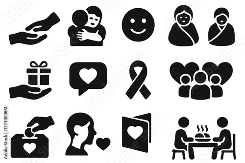 Caring and Kindness Icons. Solid style icons of caring and kindness: helping hand, comforting hug, smile face, warm blanket,