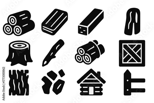 Wooden Materials Icons. Solid style icons of Wooden materials: log pile, wooden plank, timber beam, wood board, sawed stump,