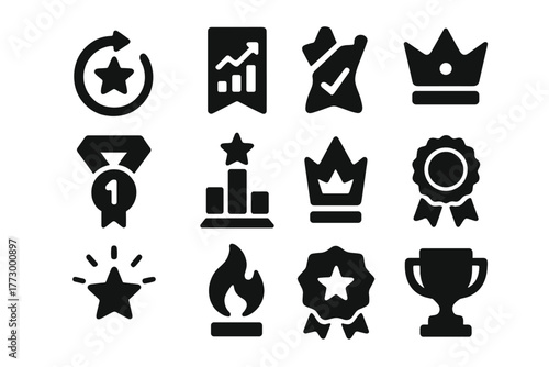 Achievement Icons. Solid style icons of Achievements: progress star, rising arrow award, completed badge, milestone medal, growth