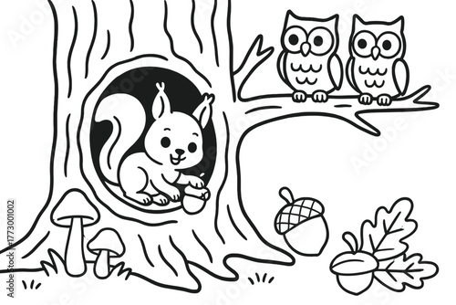 Squirrel's Cozy Hideaway. Playful squirrel nest inside a hollow tree with acorns, mushrooms, and owls nearby, black and white line