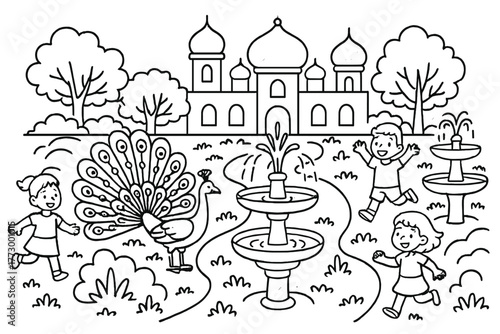Whimsical Garden Scene. Whimsical palace garden with fountains, peacocks spreading feathers, and children playing, black and white