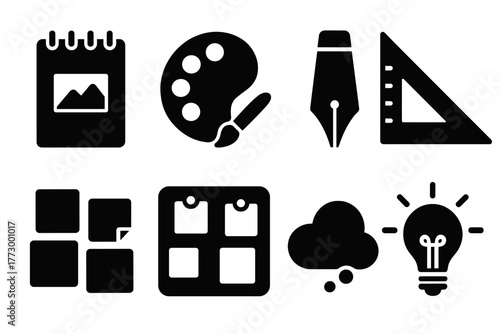 Creative Workspace Icons. Solid style icons of creative workspace: sketchpad, color palette, drawing pen, ruler triangle, sticky