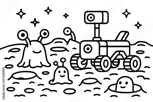 Martian Rover Adventure. Curious robot rover driving across a Martian landscape with craters, little aliens, and stars, black and
