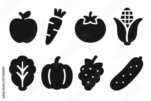 Fresh Produce Icons. Solid style icons of fresh produce: apple, carrot, tomato, corn, lettuce, pumpkin, grapes, cucumber, No text,