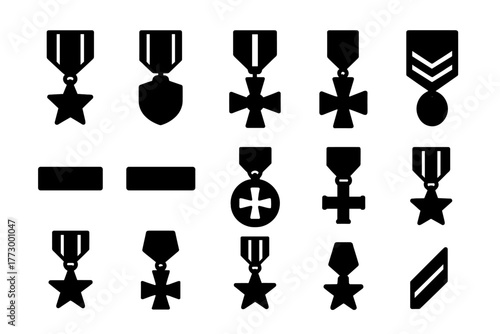 Military Medals Icons. Solid style icons of Military style medals: star with ribbon, shield award, honor cross, rank badge, bar