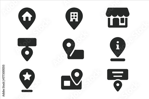 Location Pin Icons. Solid style icons of address and place tags: home location pin, office marker, store location, pin with label,