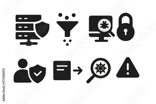 Network Security Icons. Solid style icons of Network Protection: server shield, traffic filter, intrusion detection, secure socket