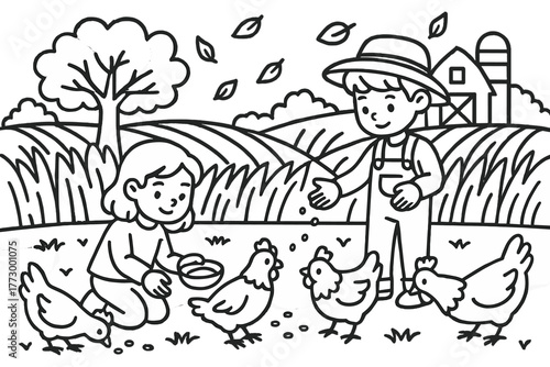 Farmyard Harmony. Peaceful farm scene with golden fields, children feeding chickens, and leaves falling gently, black and white