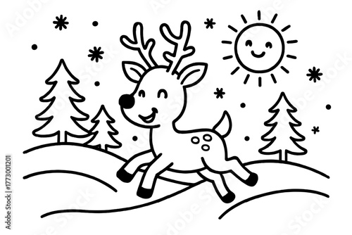 Reindeer Winter Adventure. Cheerful reindeer running through snowy hills with pine trees, snowflakes, and a smiling sun, black and