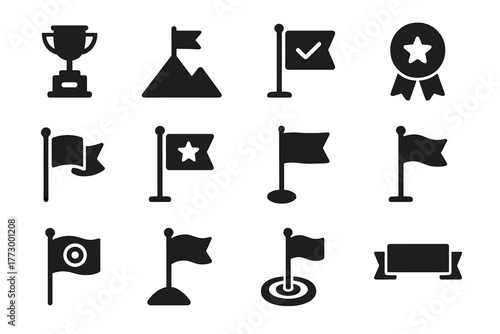 Achievement Flag Icons. Solid style icons of Achievement flags: trophy flag, summit marker, success pole, winning ribbon, reward