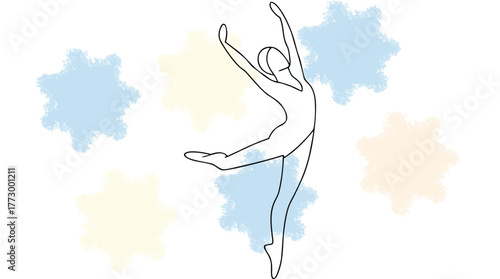 Elegant Ballet Dancer in Line Art Pose with Soft Pastel Starbursts ballerina single line
