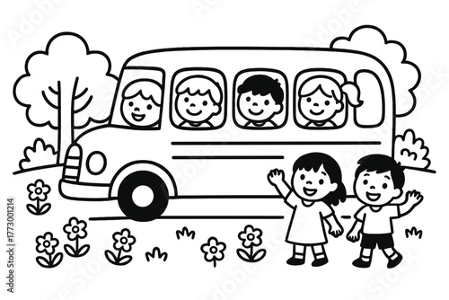 Cheerful School Bus. Happy school bus with cheerful faces on windows driving past trees, flowers, and waving kids, black and white
