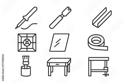 Stained Glass Tools. Line style icons of Stained Glass Workshop: Soldering Iron, Glass Cutter, Lead Channel, Pattern, Glass Sheet,