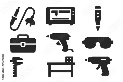 Maker Tool Icons. Solid style icons of Maker Tools: soldering iron, cutting machine, 3D pen, toolkit box, glue gun, safety goggles