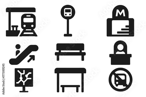 Transit Station Icons. Solid style icons of transit stations: train platform, bus stop sign, subway entrance, escalator, bench,