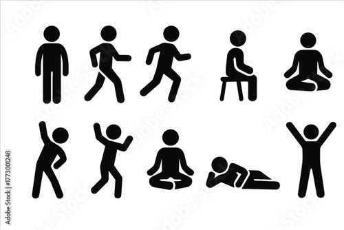 Human Activity Icons. Solid style icons of Human figures: standing person, walking person, running person, sitting person, jumping