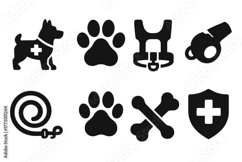 Rescue Dogs Icons. Solid style icons of rescue dogs: dog, paw print, harness, whistle, leash, footprint, bone, rescue badge, No