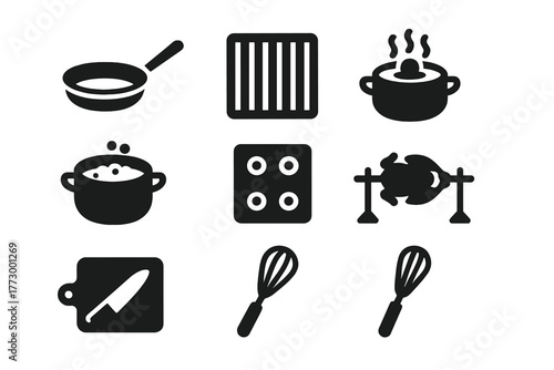 Cooking Technique Icons. Solid style icons of Cooking Techniques: sauté pan, grill grate, steaming basket, frying pot, baking tray