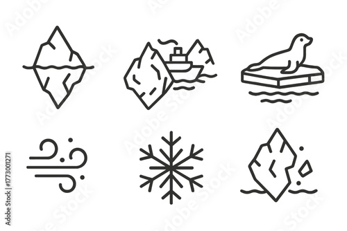 Iceberg Line Icons. Line style icons of Massive Iceberg: Giant Tip, Underwater Mass, Ship, Floating Ice, Seal, Cold Mist,