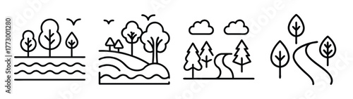 Vector landscape illustration with trees, river, hills, and clouds in minimalist line art style design