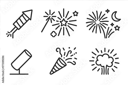 Fireworks Line Icons. Line style icons of Fireworks Display: Rocket Firework, Sparkler, Star Burst, Night Sky, Launch Tube, Smoke