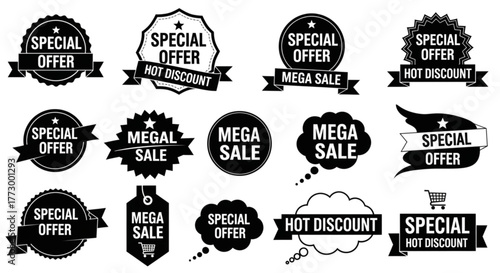 Special offer, mega sale and hot discount labels in different shapes and styles.
